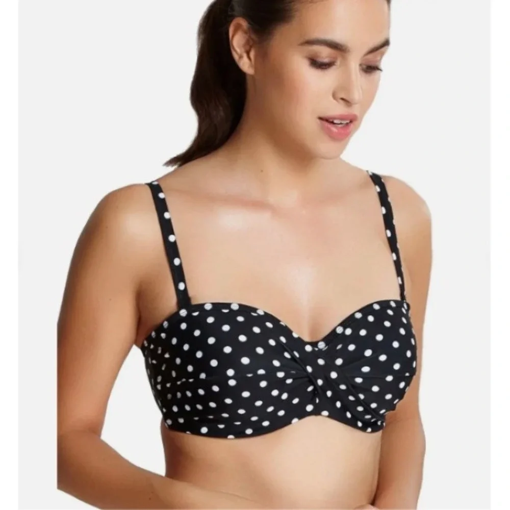 Panache Anya Spot Bandeau Bikini Top Womens 36E Black Polka Dot Retro Swimwear - Picture 2 of 13